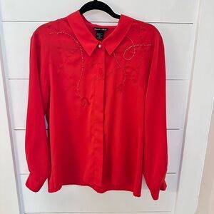 VTG DAVID MATTHEW Red embroidered western rope pearl button long sleeve blouse